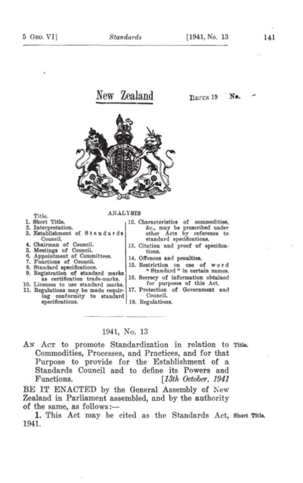 First New Zealand Standards Act 1941 front page of Act document