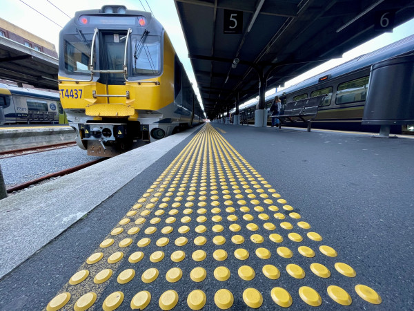 Tactile ground surface indicators (TGSIs) on a platform in Wellington Railway Station