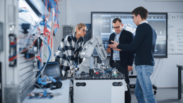 Three people standing around a desk in a science lab, on the desk is hardware components and they are in deep discussions.