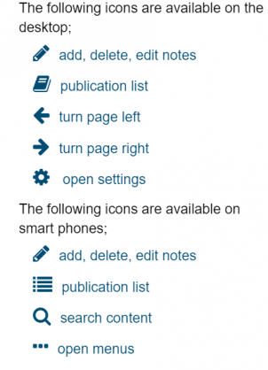 The following icons are available on desktop, add, delete, edit notes, publication list, turn page left and right, open settings. The following icons are available on smart phones, add, delete, edit notes, publication list, search content and open menus